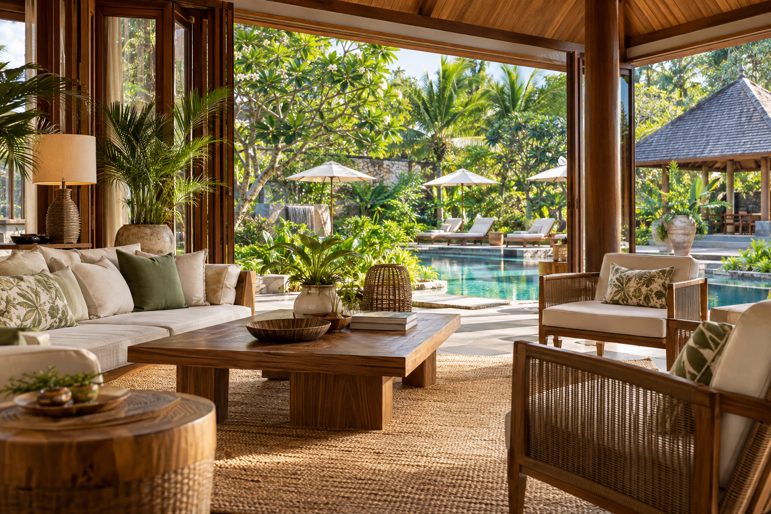 Illustrative resort lounge overlooking tropical gardens and a pool
